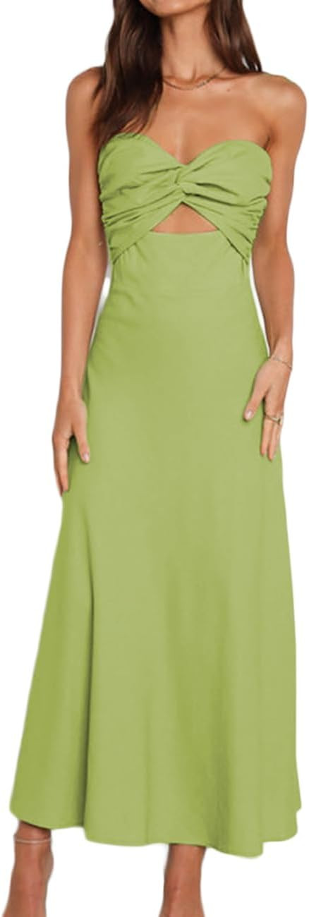 Sexy Twist Front Strapless Sweetheart Neckline Midi Dresses for Women Smocked Cutout Tube Linen D... | Amazon (US)