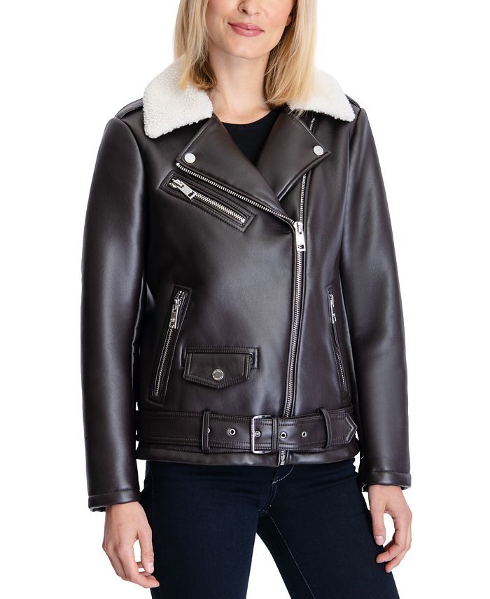 Michael Kors Women's Faux-Sherpa Collar Faux-Leather Moto Coat & Reviews - Coats & Jackets - Wome... | Macys (US)