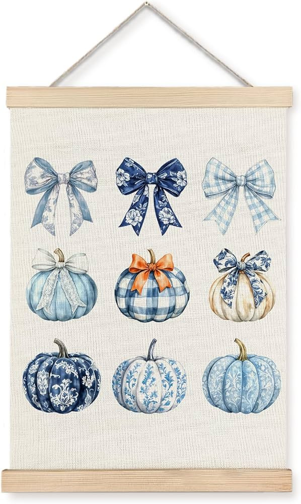 Exqcom Preppy Fall Chinoiserie Pumpkin Wall Decor, Coquette Bow Grandmillennial Blue Pumpkin Wall... | Amazon (US)