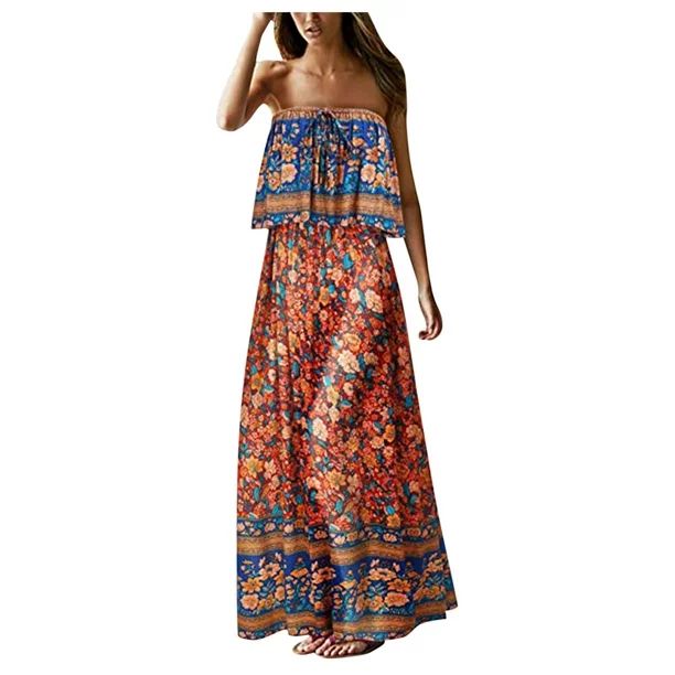 Tailored Women Summer Strapless Long Dress Beach Bohemian Floral Print Holiday Dress - Walmart.co... | Walmart (US)