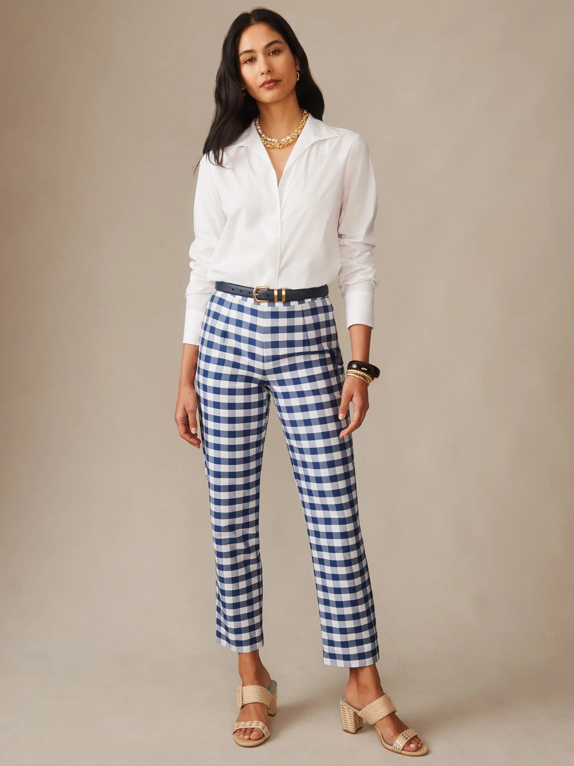 White/Navy Gingham Millbrook Silk Blend Pants | Women's Pants | J.McLaughlin | J.McLaughlin