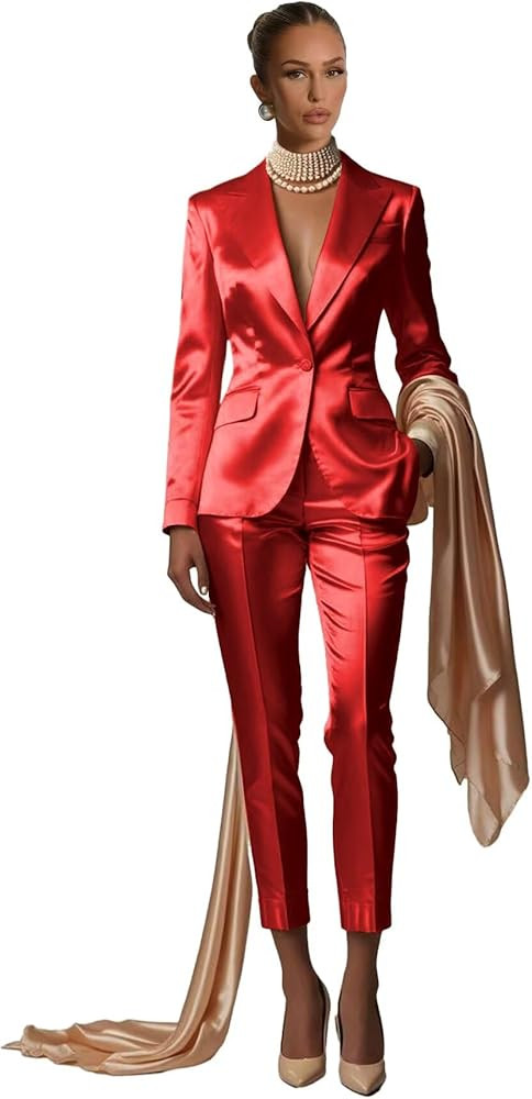 Satin Suits for Women Dressy 2 Piece Womens Suit Elegant Peak Lapel 1 Button Tuxedo for Wedding G... | Amazon (US)