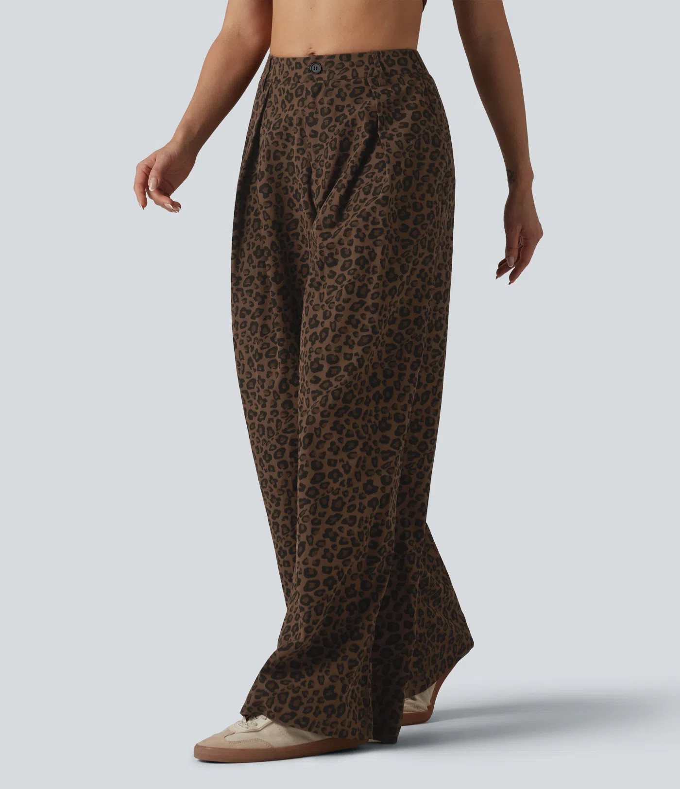 Mid Rise Wide Leg Leopard Print Casual Pants with Pockets | HALARA