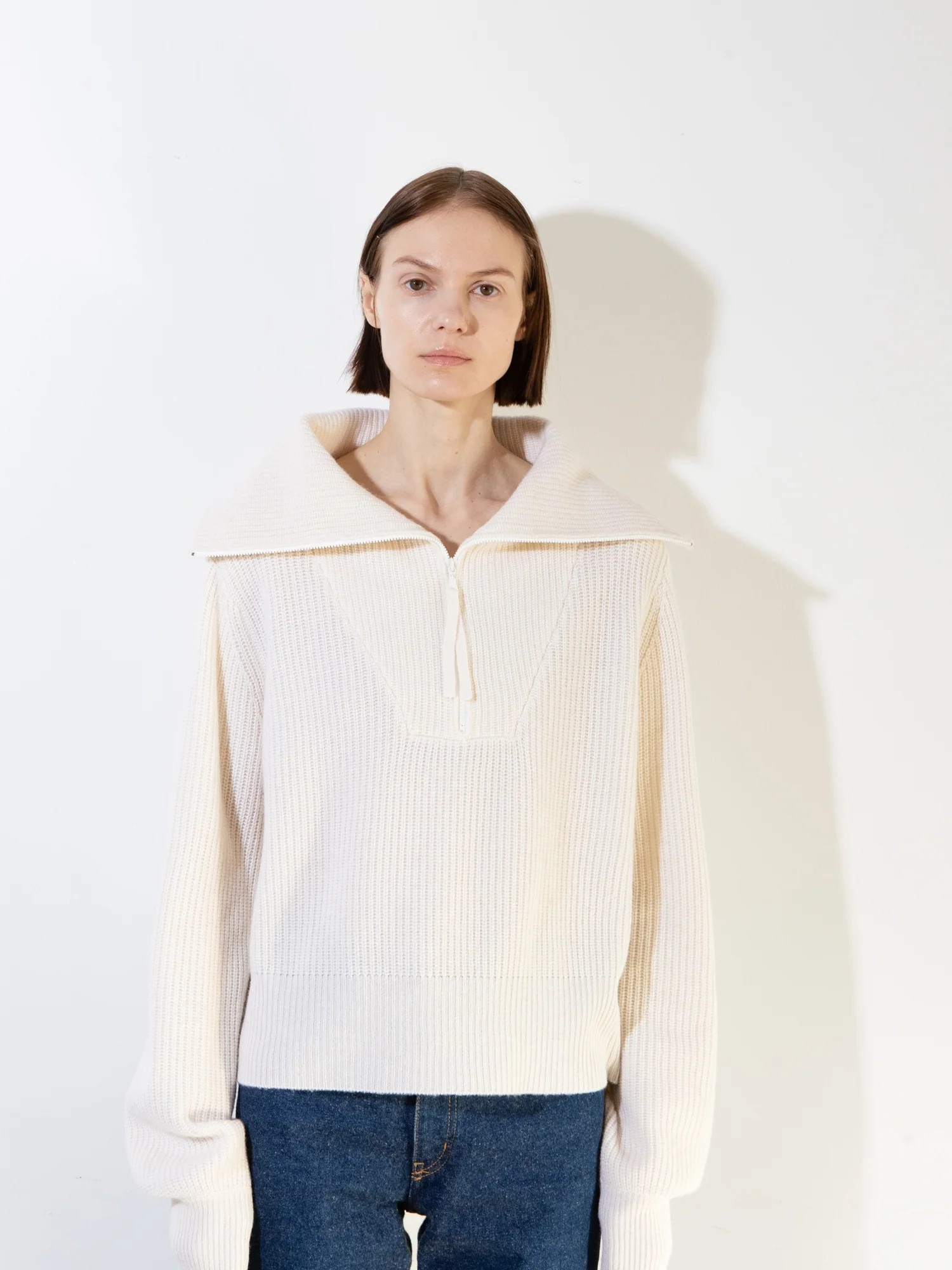 Ribbed Half Zip Pullover_Ivory | Pure Cashmere