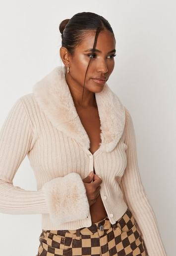 Missguided - Cream Rib Faux Fur Trim Knit Cardigan | Missguided (US & CA)