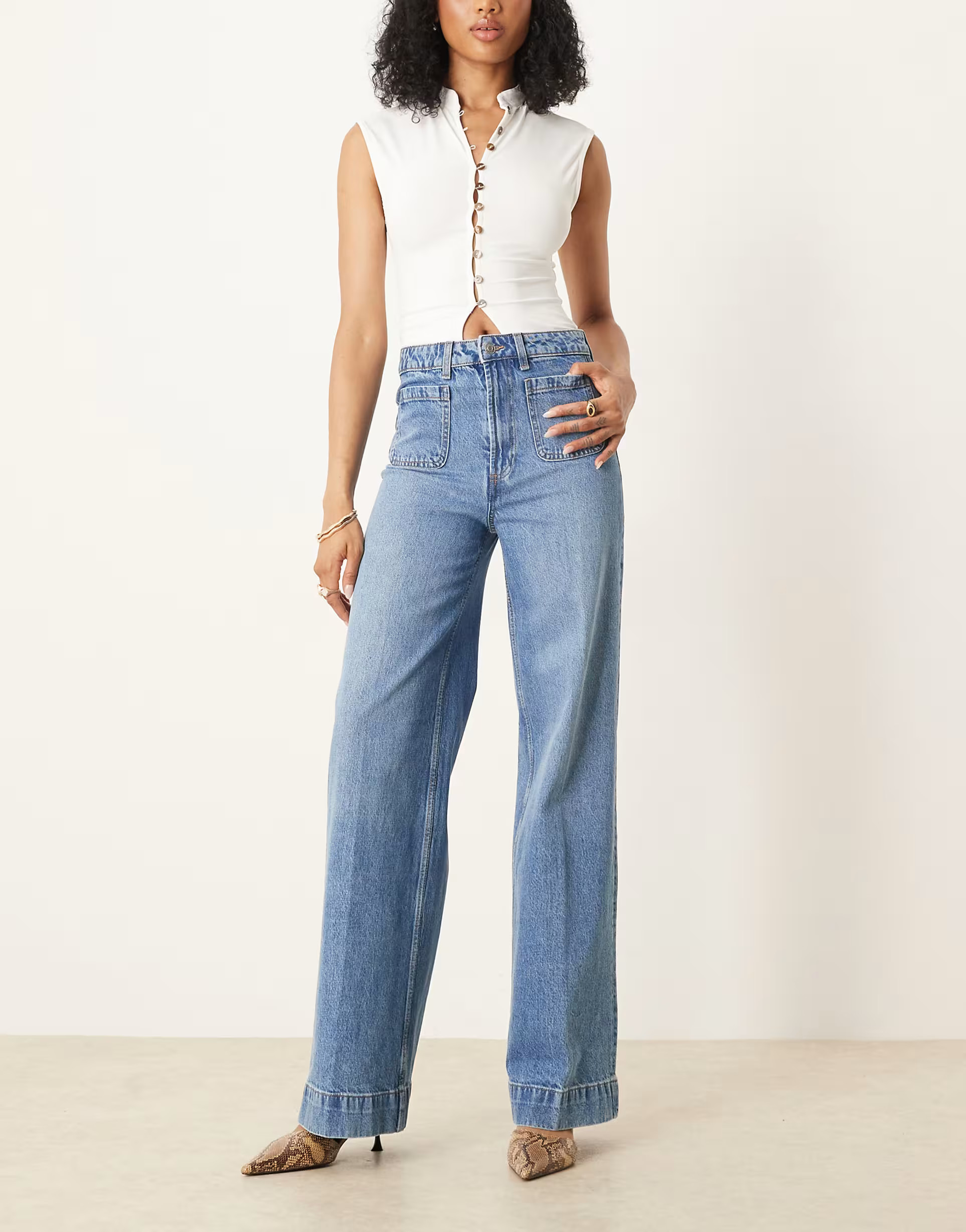 ASOS DESIGN Tall high rise wide leg jeans with front pockets in mid blue | ASOS | ASOS (Global)