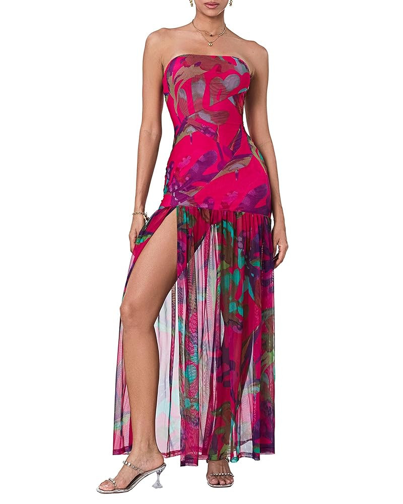 Women's Summer Tube Top Dress Strapless Backless Mesh Patchwork High Slit Maxi Party Dress | Amazon (US)