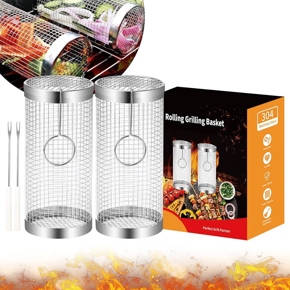 Grill Basket 2 PCS, BBQ Grill Basket, Rolling Grilling Basket, Stainless Steel Grill Mesh Barbequ... | Amazon (US)