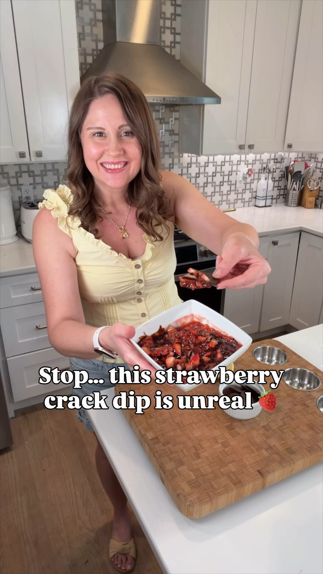 You need to try this strawberry crack dip 🍓

It seriously tastes like strawberry pie filling + candy + fresh fruit all in one 😭

And those homemade chocolate dipping chips?! next level 🍫✨

It’s quick, easy, and one of those recipes you’ll be making on repeat all summer 👏

Here’s how to make it:

For the dip:
• 2 cups fresh strawberries, diced
• 3 tbsp sugar
• 1 tbsp brown sugar
• 1 tbsp honey
• 1 tsp vanilla extract
• 1 tsp lemon juice
• 2 tsp cornstarch + 1 tbsp water (slurry)
• 1/2 cup fresh strawberries (for folding in at the end)

For the chocolate chips:
• 1 (10 oz) bag dark chocolate melting chips

Directions:

1. Melt chocolate and spoon onto parchment paper into small “chips.” Let set.
2. Add strawberries, sugar, brown sugar, vanilla, and honey to a pan.
3. Cook over medium heat for 3–5 minutes until juicy and softened.
4. Add the cornstarch slurry and cook until thick, glossy, and syrupy.
5. Stir in lemon juice.
6. Remove from heat and let cool (it thickens even more!).
7. Top with fresh strawberries right before serving and drizzle on chocolate sauce. 
8. Serve with chocolate “chips" and enjoy 

This one’s actually dangerous 🤭

#LTKFood #LTKSummer #EasyDesserts #StrawberryRecipes #SummerTreats

#LTKSeasonal #LTKHome #LTKfoodie