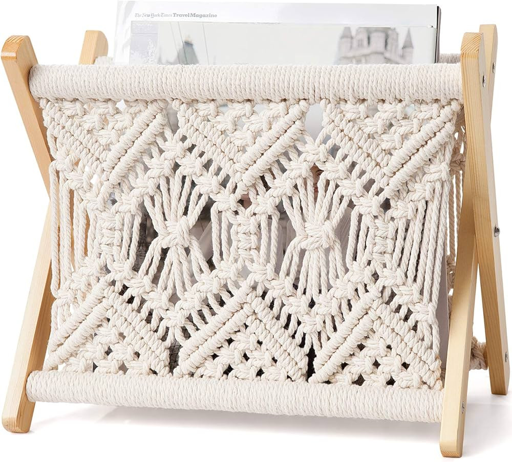 Mkono Macrame Magazine Rack Boho Magazine Holder Storage Standing Basket for Books, Newspapers, S... | Amazon (US)