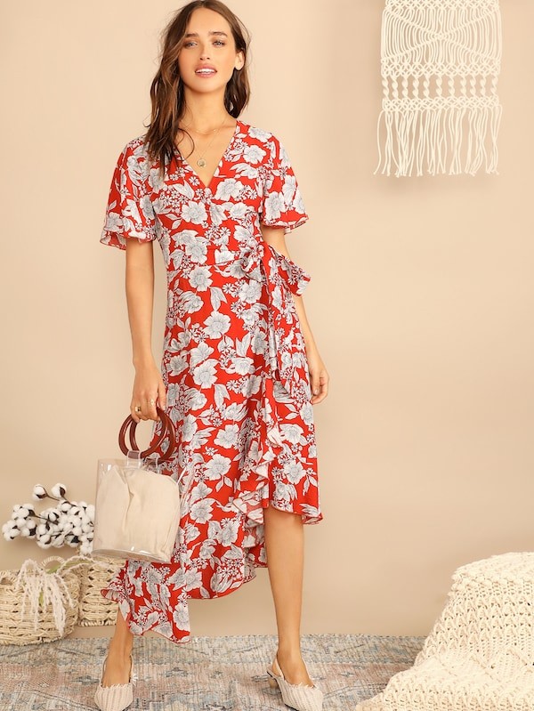 SHEIN Slit Sleeve Asymmetrical Hem Wrap Dress | SHEIN