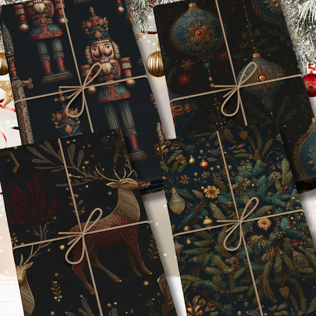 Christmas Wrapping Paper, Holiday Gift Wrap, Nutcracker, Reindeers, Christmas Tree, Ornaments, Se... | Etsy (US)