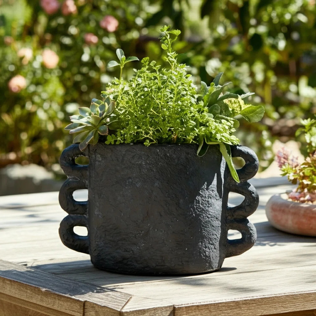 Pottery and Cement Planter with Unique Multi-Loop Handle Design Stylish Contemporary Accent | Wayfair North America