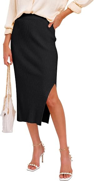 HERBATOMIA Women’s Split Side Midi Skirt High Waist Stretchy Ribbed Knit Knee Length Pencil Bas... | Amazon (CA)