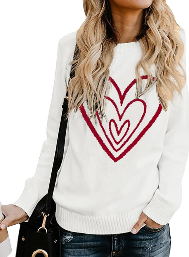 QIXING Women's Pullover Sweater Round Neck Long Sleeve Heart-Shaped Sweater | Amazon (US)