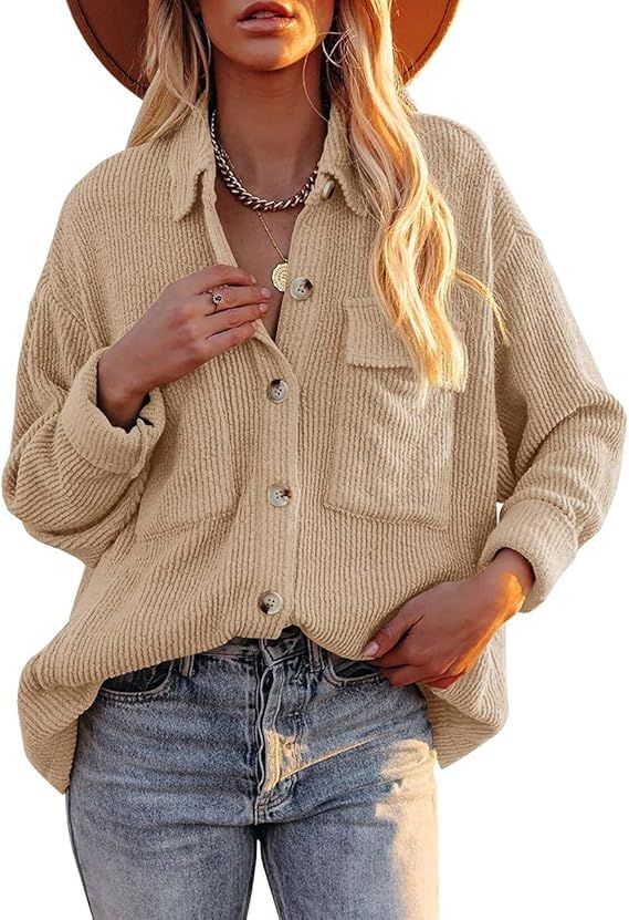 GLIENST Womens Corduroy Button Down Shirts Boyfriend Long Sleeve Oversized Blouses Tops with Pock... | Amazon (US)
