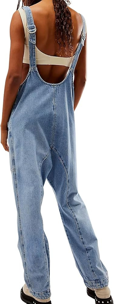 Womens Denim Overalls Sleeveless Loose Baggy Casual Jean Pants Wide Leg Jumpsuits Jumper | Amazon (US)