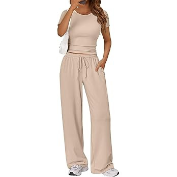 Trendy Queen 2 Piece Matching Summer Lounge Set Womens Side Ruching Top Wide Leg Pants Sets with ... | Amazon (US)