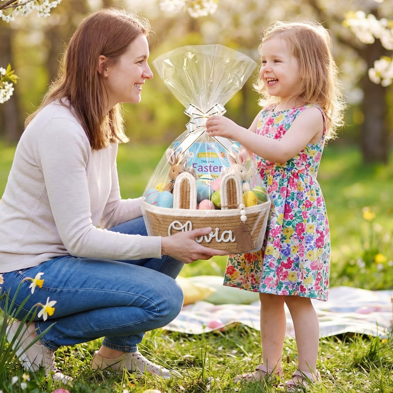 Custom Easter Basket Personalized Easter Bunny Gift Basket with Name Rope Bow Ribbons and Gift Ba... | Amazon (US)