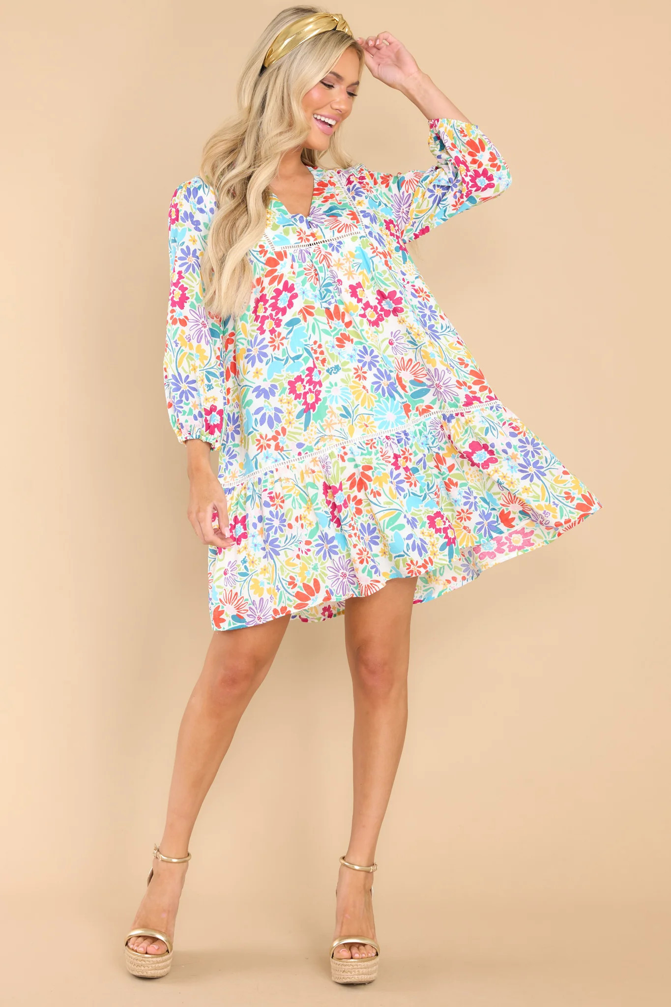 Bursting With Color White Floral Print Dress | Red Dress 