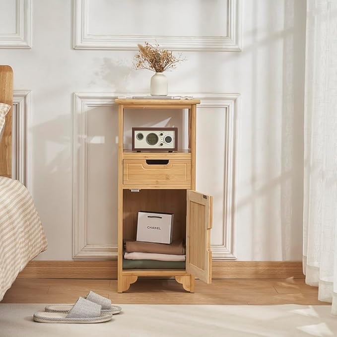 Fully Assembled 30" High Bamboo End Side Table, Preassembled Bathroom Floor Cabinet, Tall Nightst... | Amazon (US)