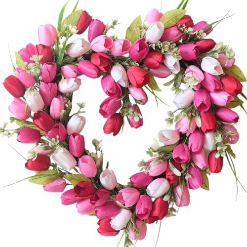 TEMPUS Valentine’s Day Wreath for Front Door with White Pink Red Tulip and Green Leaf Valentines Heart Wreath for Wedding Festival Decor | Amazon (US)