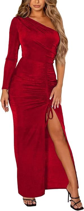 PRETTYGARDEN Women's Sexy One Shoulder Long Sleeve Velvet Dress Ruched Bodycon Drawstring Split M... | Amazon (US)