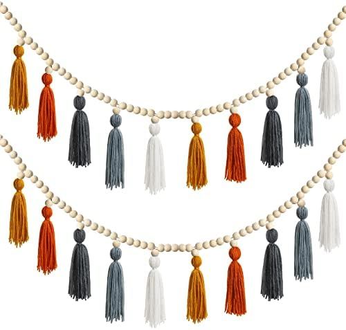 2 Pieces Tassel Garland Decor Boho Tassel Garland with Wood Beads Neutral Classroom Garland Decorati | Amazon (US)