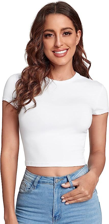 Verdusa Women's Casual Basic Cap Sleeve Slim Fitted Round Neck Crop Tee Top | Amazon (US)