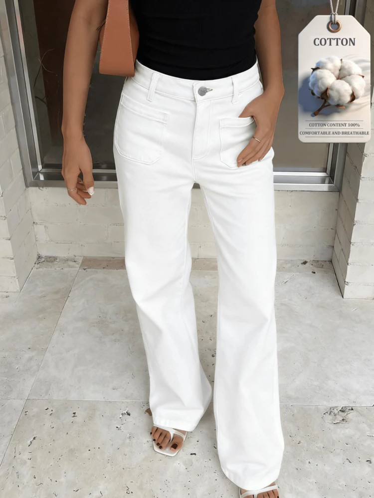 NVFelix Women's Loose High Waist Straight Leg Slim Fit Jeans, Washed Denim Fabric, Non-Stretch Material, Elegant Vacation Casual Party Fashion Y2K Style, Summer Autumn White | SHEIN