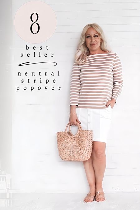 My number eight best seller this week is the neutral stripe popover. Here I paired it with a denim skirt for a casual summer outfit.  BOTH ARE 40% OFF!

#LTKSaleAlert #LTKOver40 #LTKSeasonal