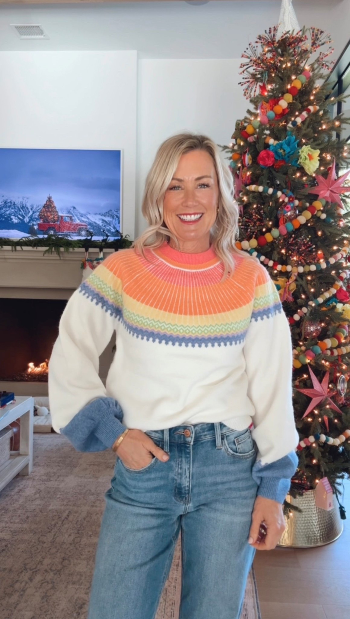 A bubble sleeved sweater with pops of color, absolutely! Wearing size small! 

#LTKOver40 #LTKHoliday #LTKSeasonal