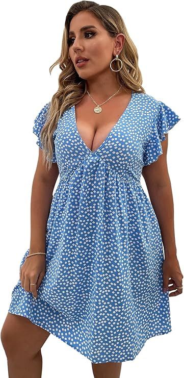 Floerns Women's Plus Size Floral V Neck Ruffle Sleeve Short Summer Dress | Amazon (US)