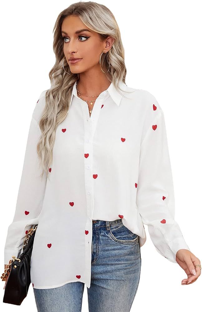 MakeMeChic Women's Heart Print Long Sleeve Button Up Shirt Casual Button Down Blouse | Amazon (US)