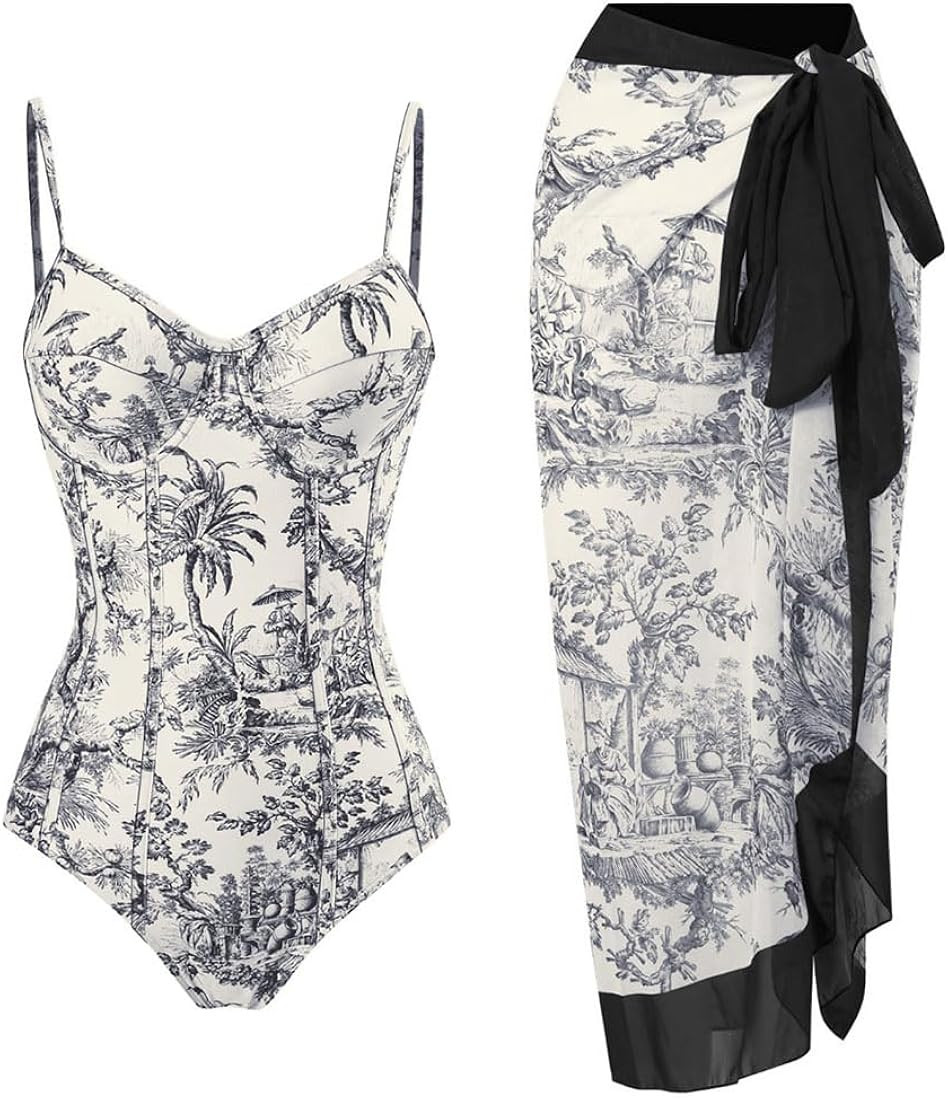 Women Swimsuits Abstract Printing Notched Square/V Neck Floral Vacation One Piece with Cover Up | Amazon (US)