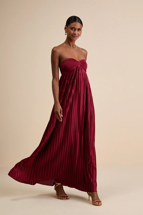 Whimsical Beauty Wine Red Satin Plisse Strapless Maxi Dress | Lulus