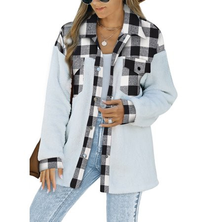 Blencot Womens Flannel Sherpa Jacket Plaid Contrast Fuzzy Fleece Shacket Long Sleeve Button Down Coz | Walmart (US)
