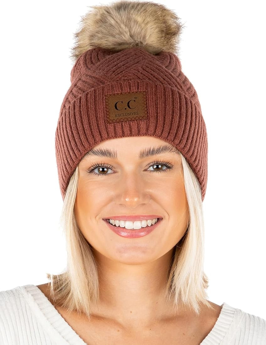 Funky Junque Beanie for Women Faux Fur Pom Pom Winter Hats Knitted Warm Soft Chunky Ribbed Skull ... | Amazon (US)