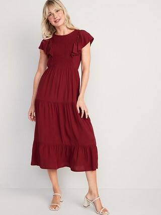 Fit & Flare Flutter-Sleeve Tiered Smocked Midi Dress for Women | Old Navy (US)