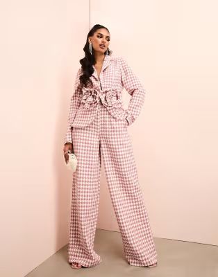 ASOS LUXE boucle dogtooth wide leg suit pants in pink and white | ASOS (Global)