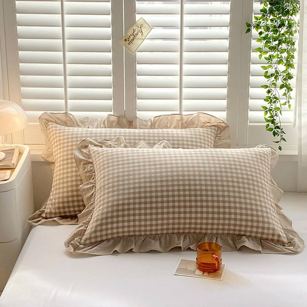 2PCS Gingham Pillow Covers, 19x29 Inch Cotton Queen Shams Set of 2, Plaid Pillow Covers with Ruff... | Amazon (UK)