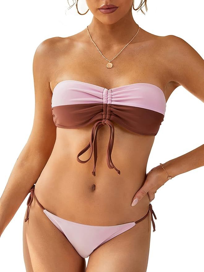 Women Bandeau Halter Strapless 2-Way Bikini Sets, Two Piece Contrast Color Petite Lace Up Swimsui... | Amazon (US)