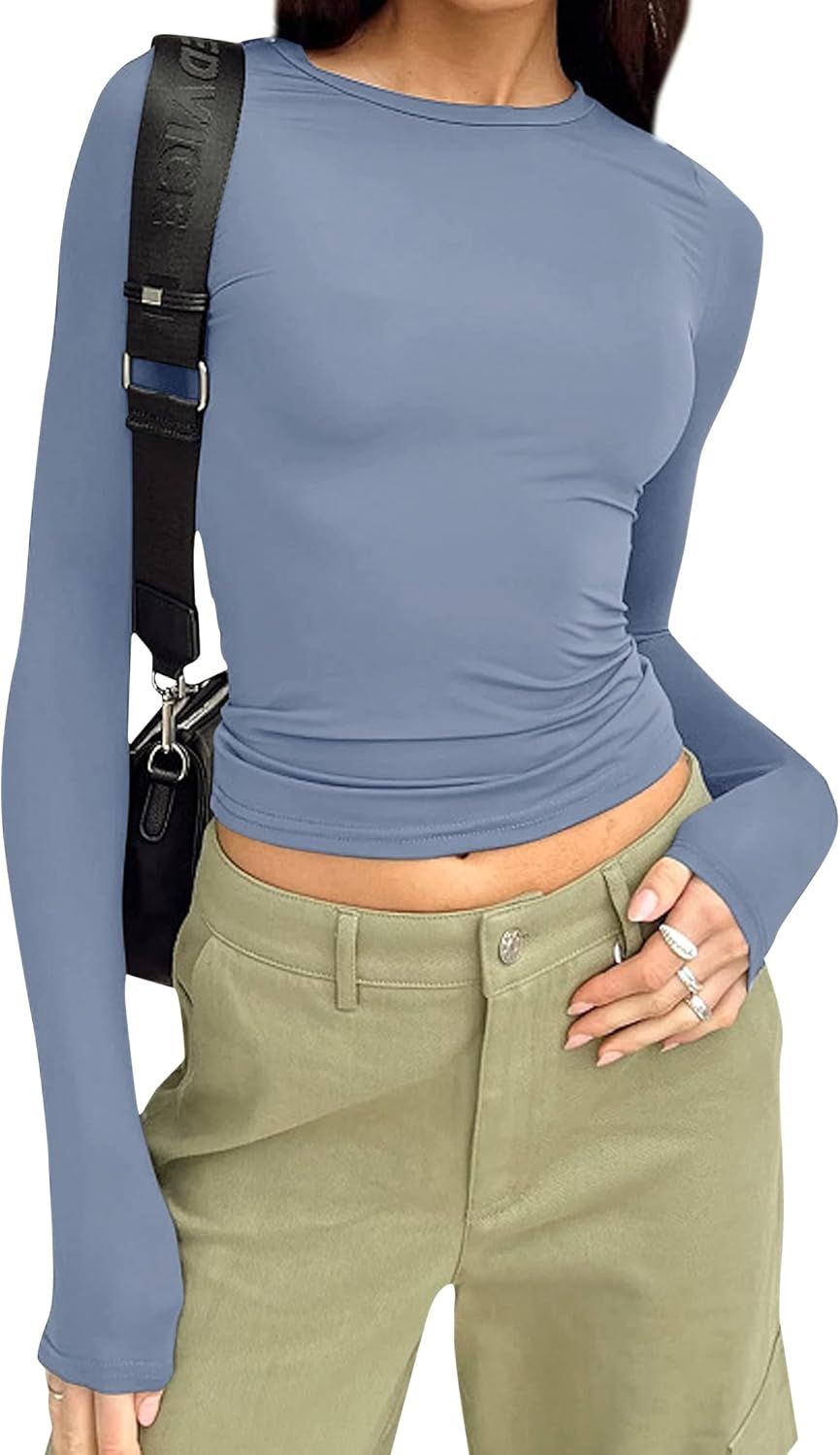 Meladyan Women Basic Long Sleeve Round Neck Crop Top Tee Bodycon Solid Slim Fitness Yoga Cropped ... | Amazon (US)