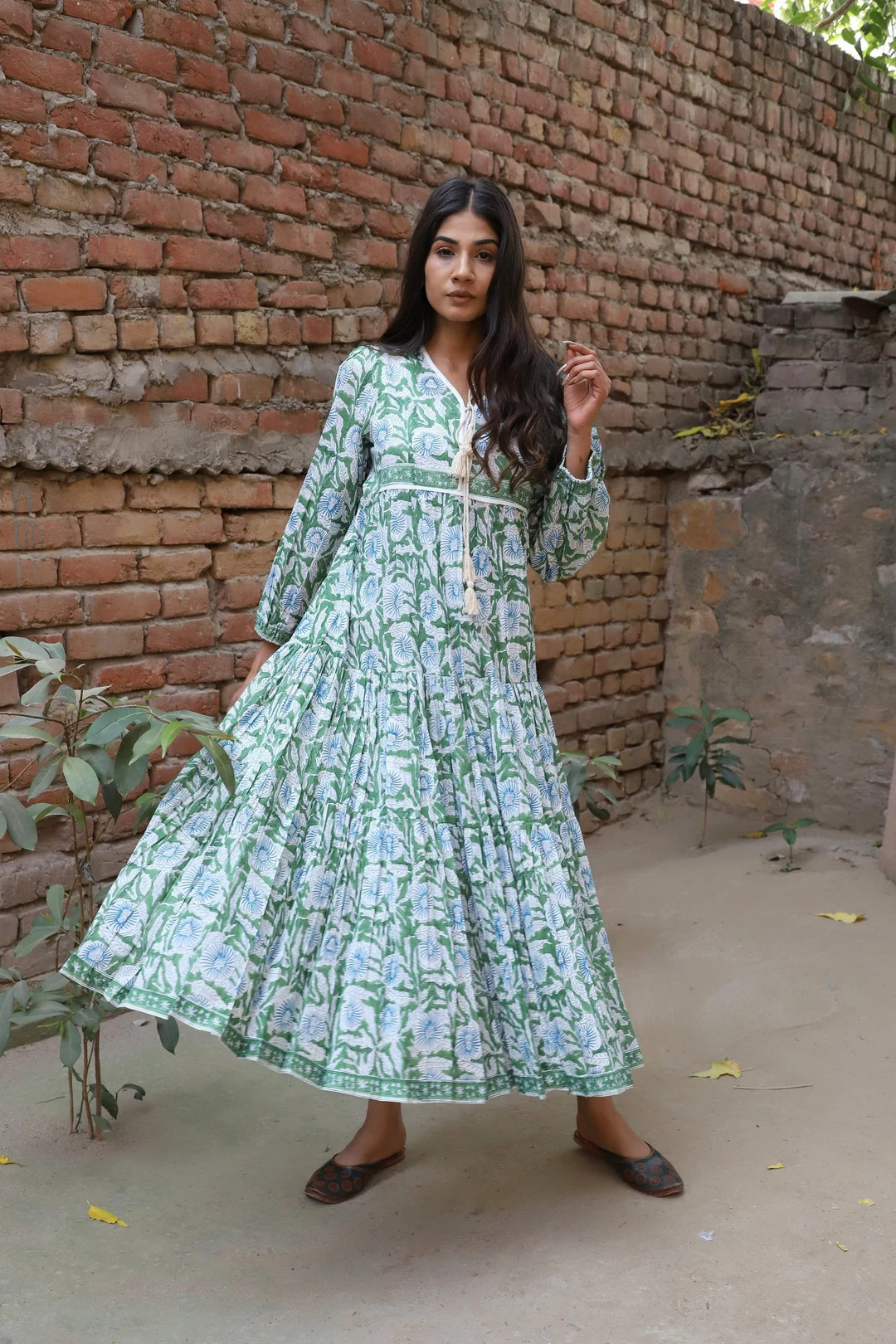 Green Blue Floral Printed Summer Wear Maxi Dress - V Neckline With Tassel Indian Maxi Dress - Lon... | Etsy (US)