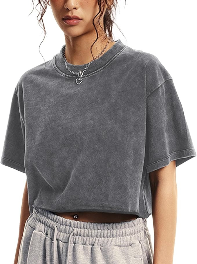 Womens Oversized Vintage T Shirts Casual Cropped Tees Short Sleeve Cotton Acid Wash Tops Summer G... | Amazon (US)