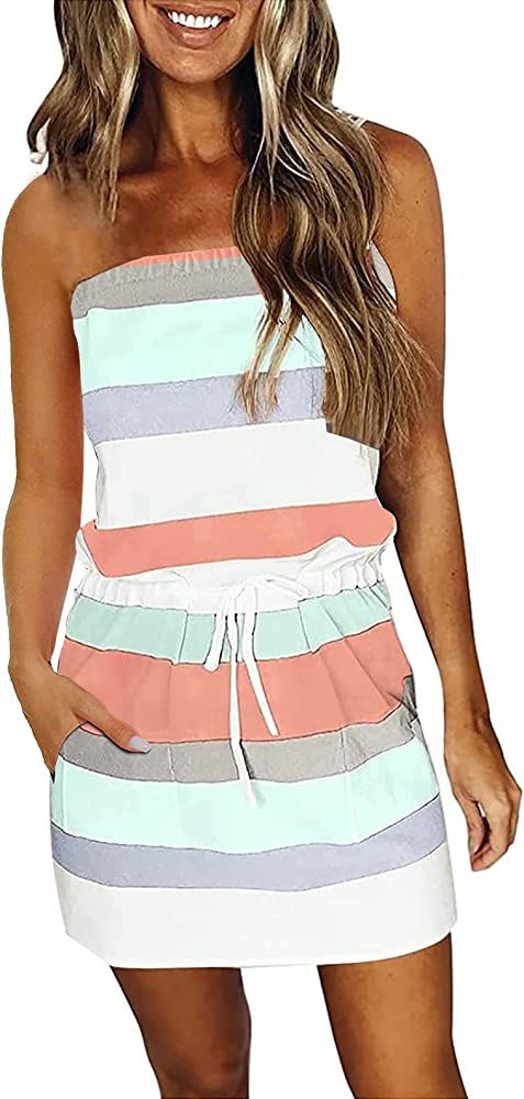 SAUKOLE Summer Dress for Women Strapless Beach Cover Ups Boho Sundress Mini Dress Draws... | Amazon (US)