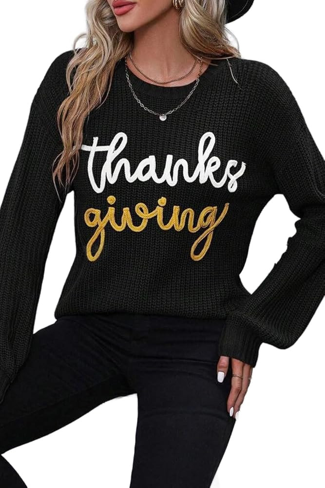 MARZXIN Women 2024 Red Sandalwood Thanks Giving Letter Graphic Crew Neck Sweater Casual Pullover ... | Amazon (US)