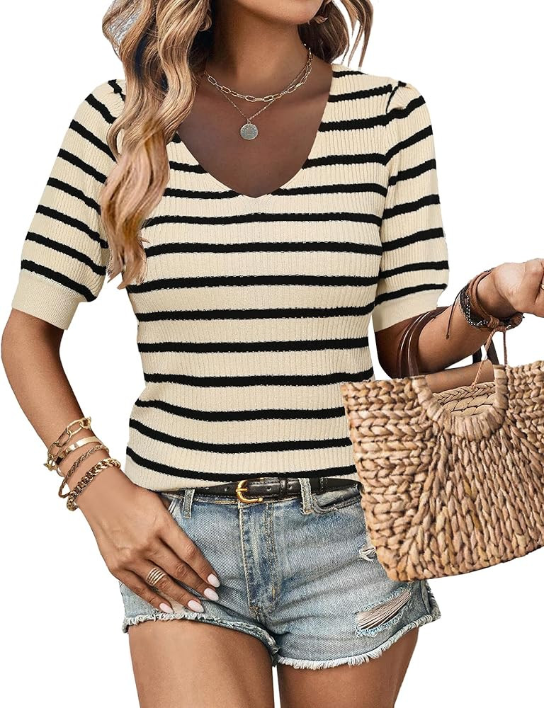 Zeagoo Fall Sweaters for Women 2024 V Neck Short Sleeve Shirt Ribbed Knit Fit Pullover Sweater To... | Amazon (US)