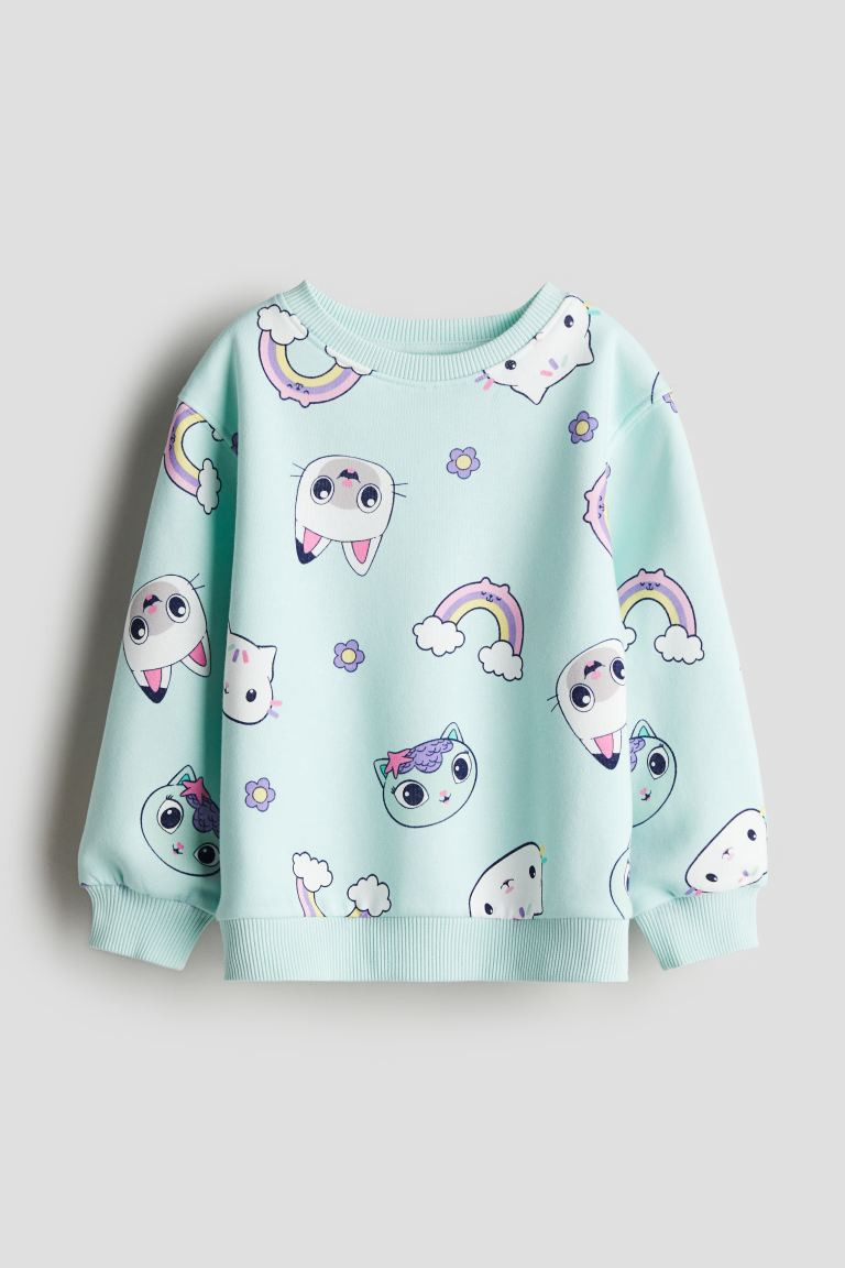 Printed Sweatshirt - Round Neck - Long sleeve - Turquoise/Gabby's Dollhouse - Kids | H&M US | H&M (US + CA)