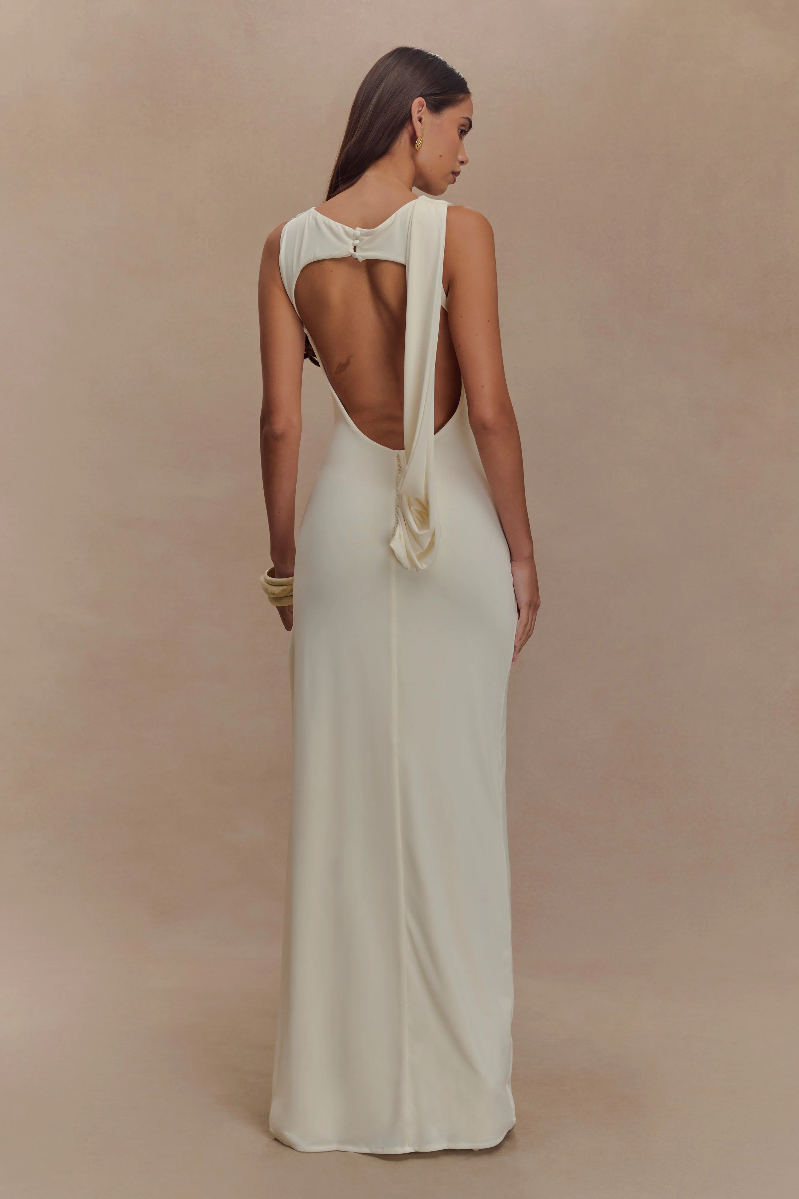Henley Slinky Drape Maxi Dress - Ivory | MESHKI US